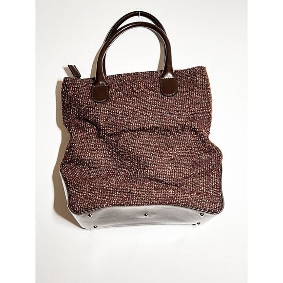 Lancel EUC Brown Tweed Leather Bucket Satchel Bag Handbag Purse - Picture 5 of 7